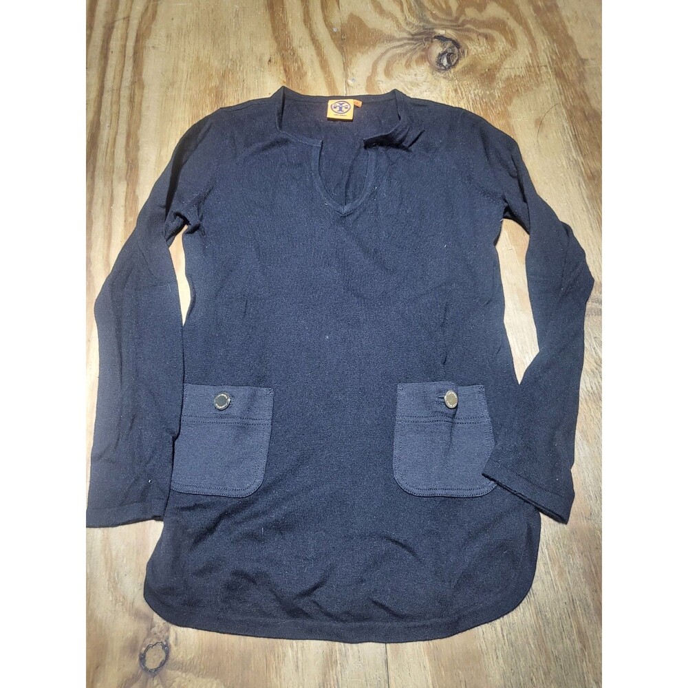 Tory Burch Tunic Sweater Wool Cashmere Black Knit Gold Button M @N2